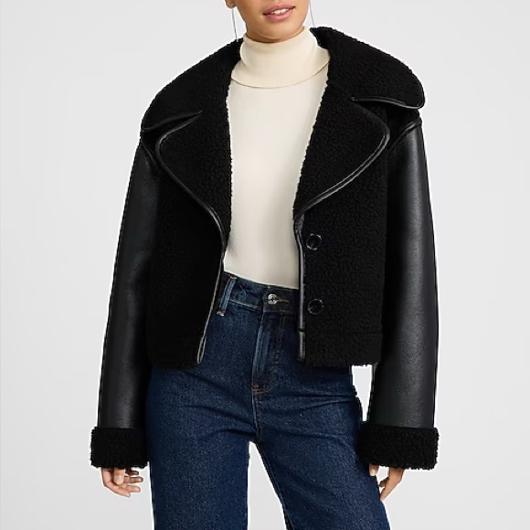 NWT Black Shearling & Leather Jacket sheep coat superdown anja bomber l’academie - Picture 3 of 10